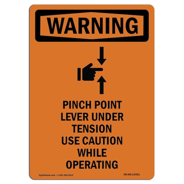 OSHA WARNING Sign, Pinch Point Lever W/ Symbol, 14in X 10in Aluminum, 10" W, 14" L, Portrait
